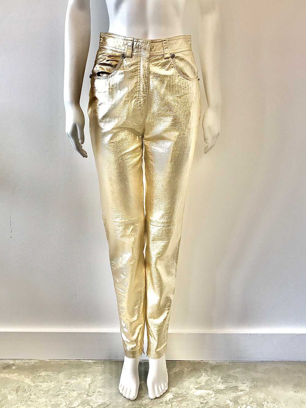 1980's Metallic Gold Reptile Print Leather Pants … - image 1