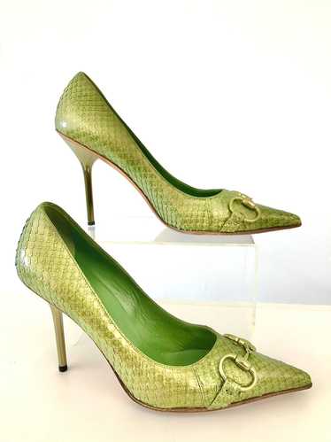 1990's Green Snake Skin Horse Bit Heels by Gucci - image 1