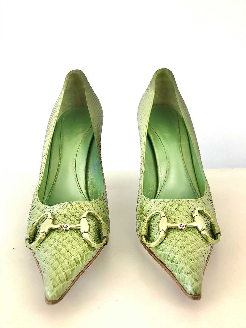 1990's Green Snake Skin Horse Bit Heels by Gucci - image 2