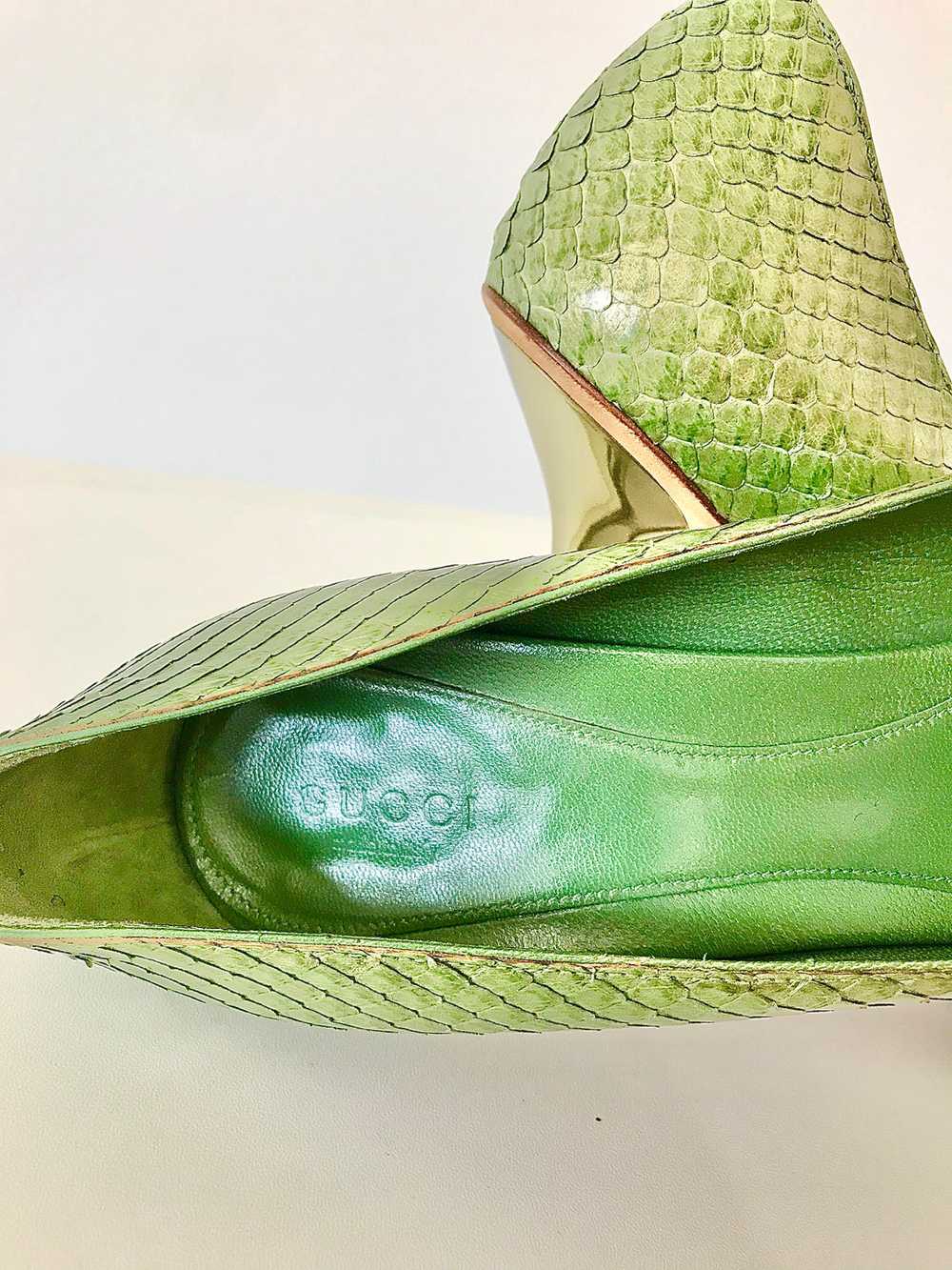 1990's Green Snake Skin Horse Bit Heels by Gucci - image 5