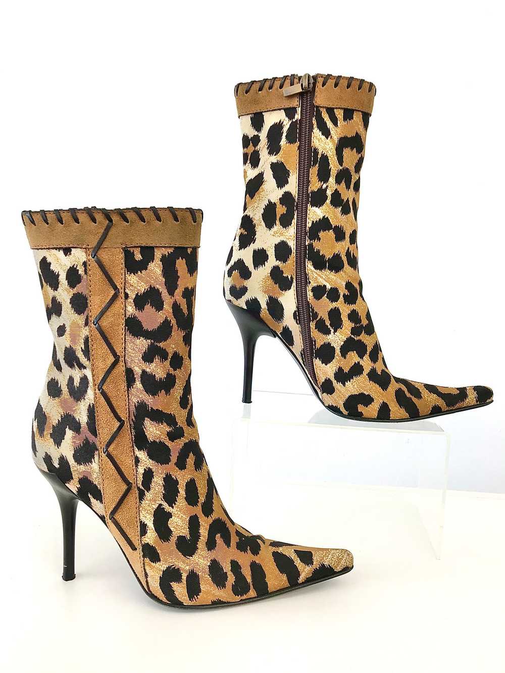 2000's Leopard Print Fabric Stiletto Ankle Boots … - image 1