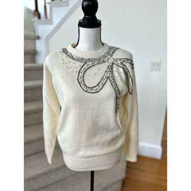 Vintage Cream Crewneck Silver Beaded Bow Sweater - image 1