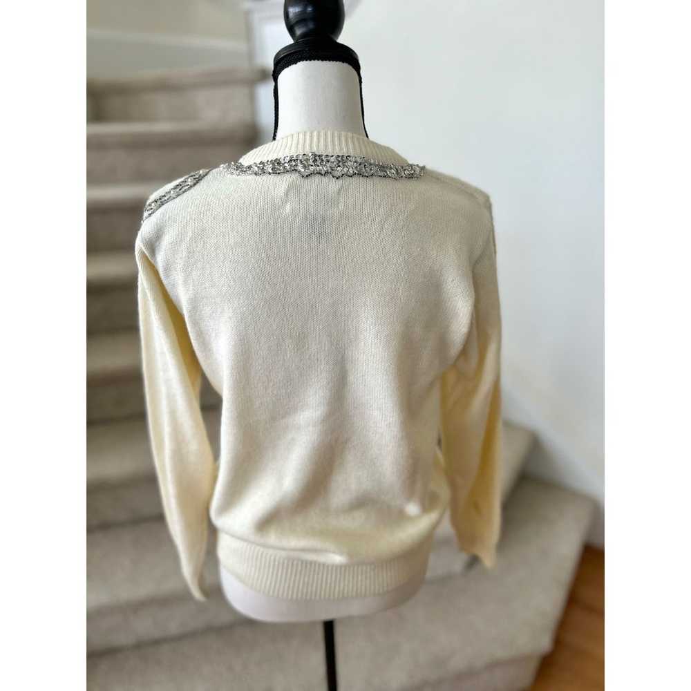 Vintage Cream Crewneck Silver Beaded Bow Sweater - image 5