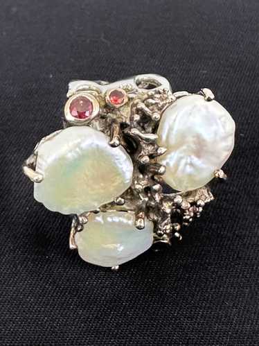 Sterling Silver Baroque Pearl & Ruby Ring - image 1