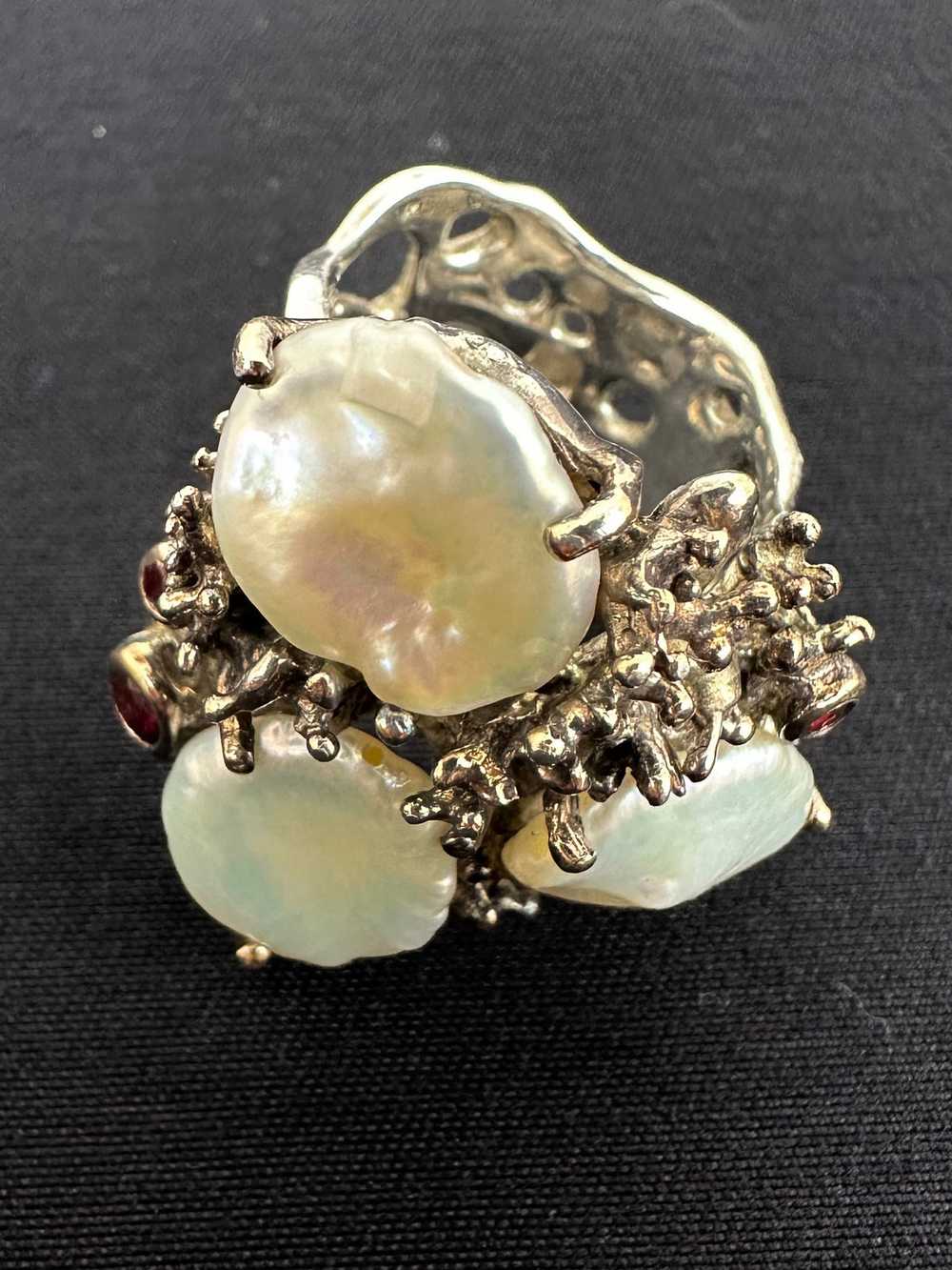 Sterling Silver Baroque Pearl & Ruby Ring - image 3