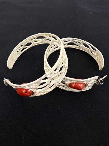Sterling Silver & Coral Crescent Hoops