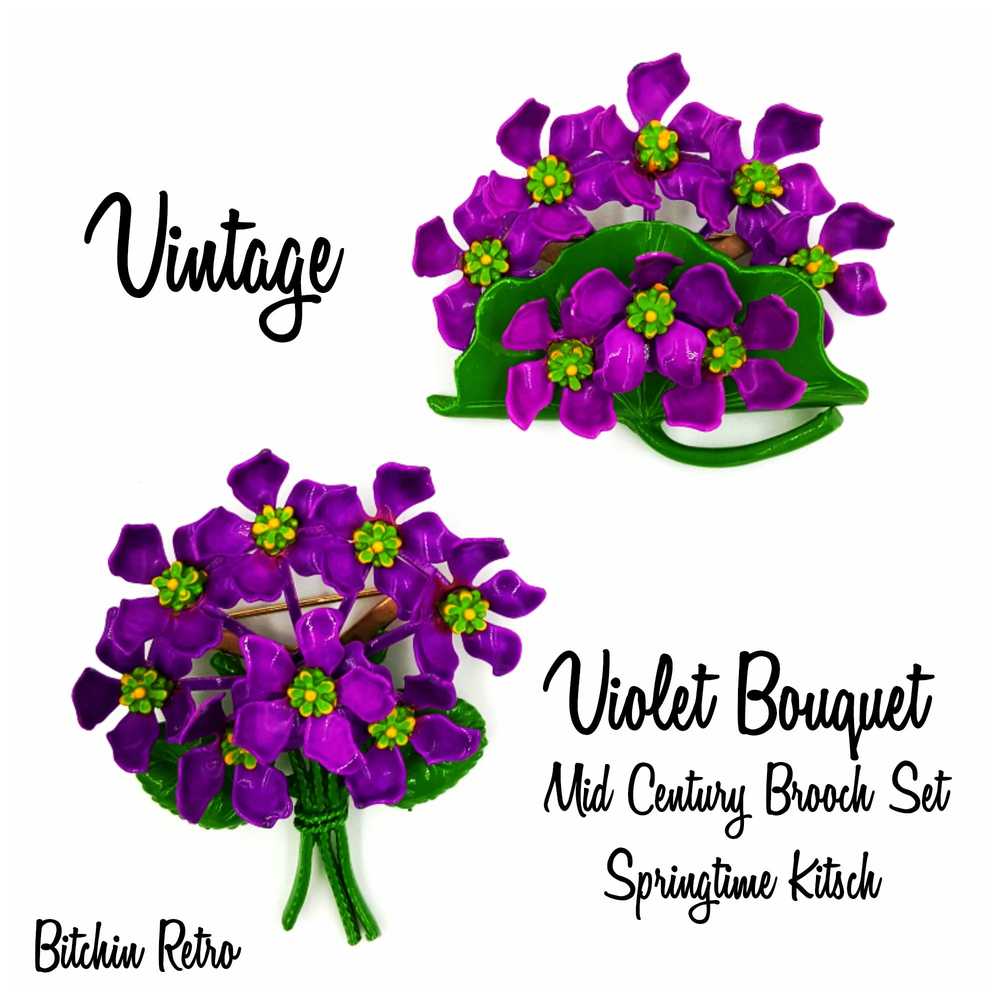 Vintage Floral Brooch Set Purple Violet Bouquets … - image 1