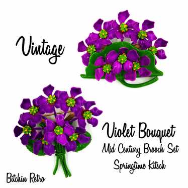 Vintage Floral Brooch Set Purple Violet Bouquets … - image 1