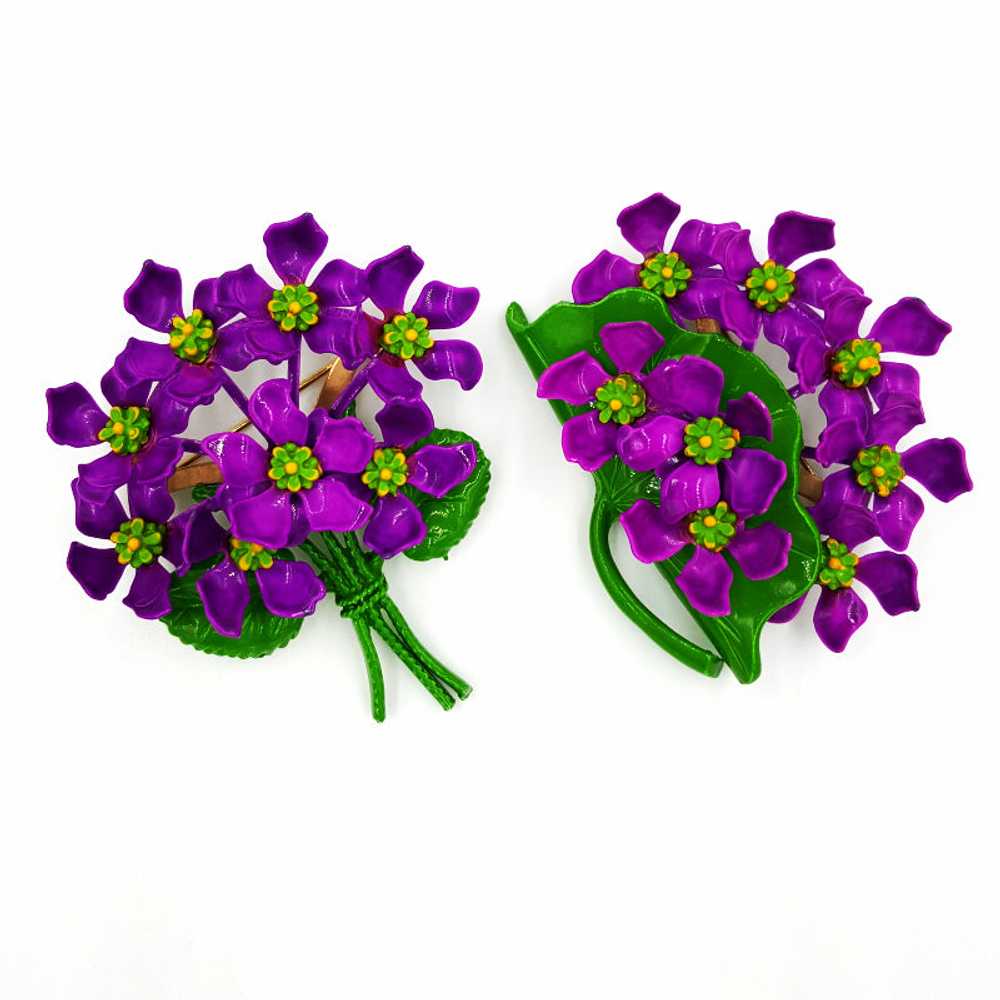 Vintage Floral Brooch Set Purple Violet Bouquets … - image 2