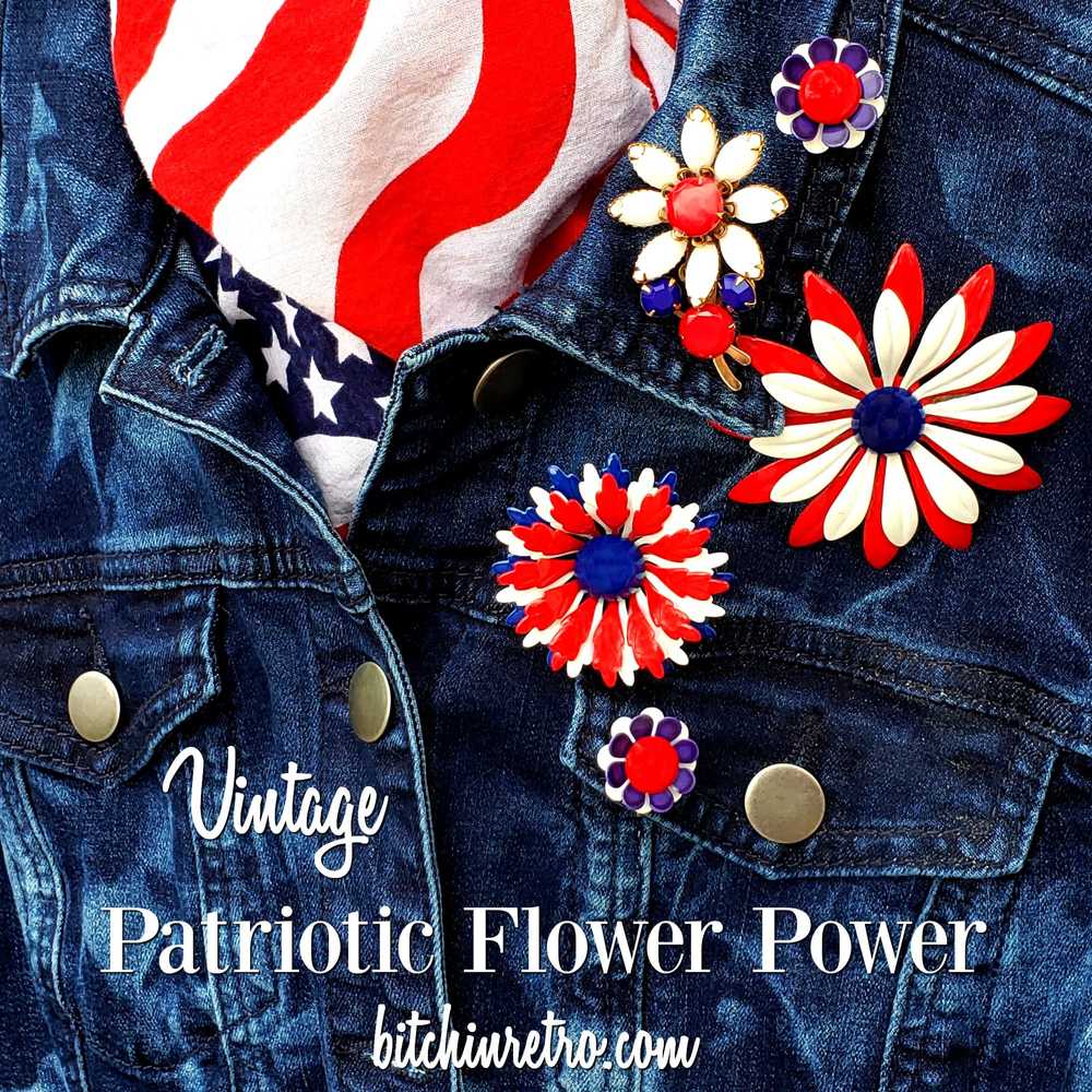 Patriotic Red White and Blue Vintage Flower Brooc… - image 1