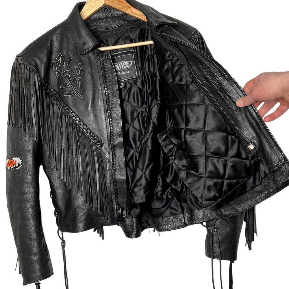 VINTAGE Womans 80s M Heavy Leather ROSE Fringe Mo… - image 3