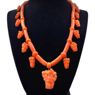 Antique 15K & Carved Coral Goddess Flora Necklace