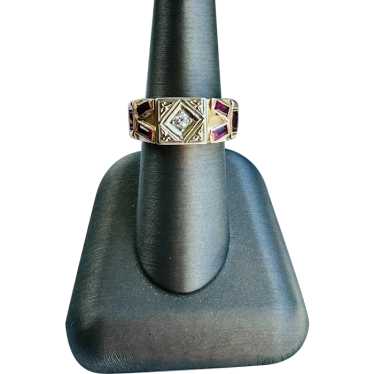 French Art Deco Ruby & Diamond Ring Unisex 14K Yel