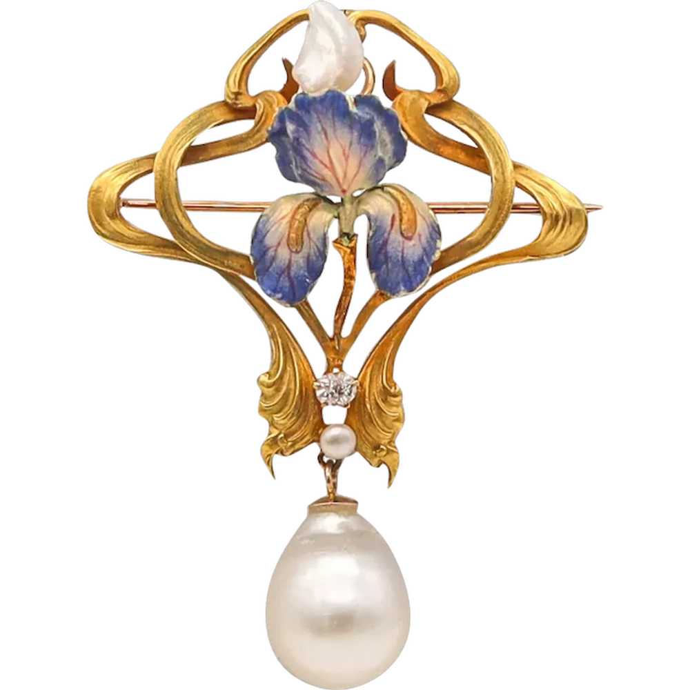 Art Nouveau 1900 Enamel Orchid Pendant In 14Kt Go… - image 1
