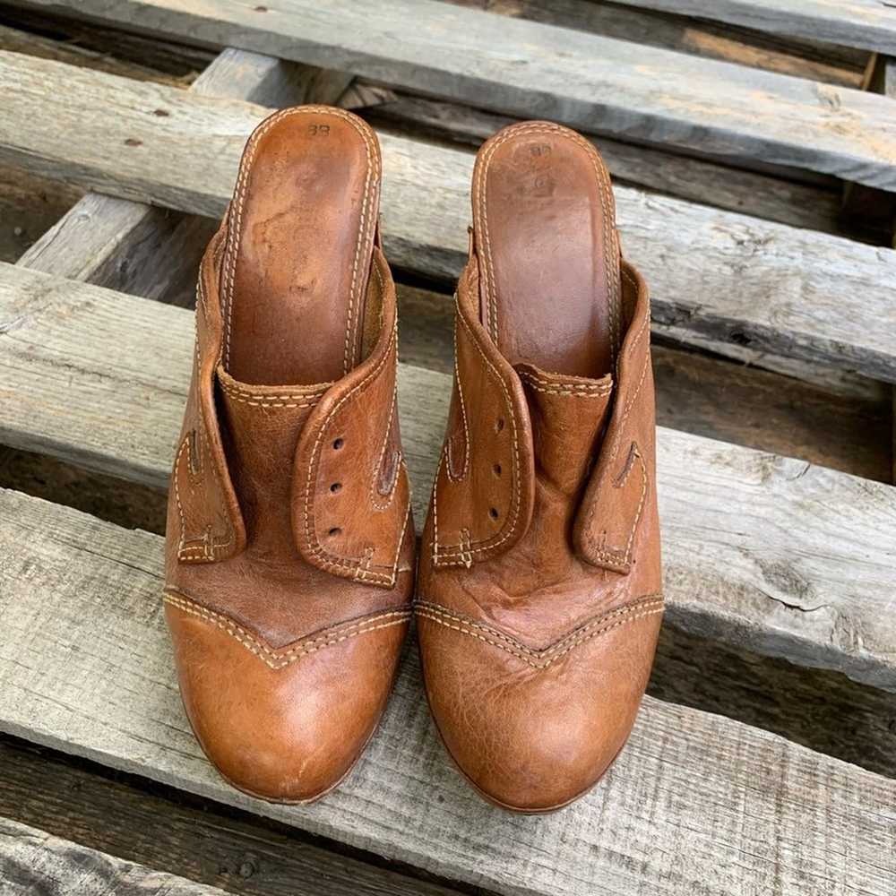 Vintage 70s wood leather platform mule shoe heels… - image 2