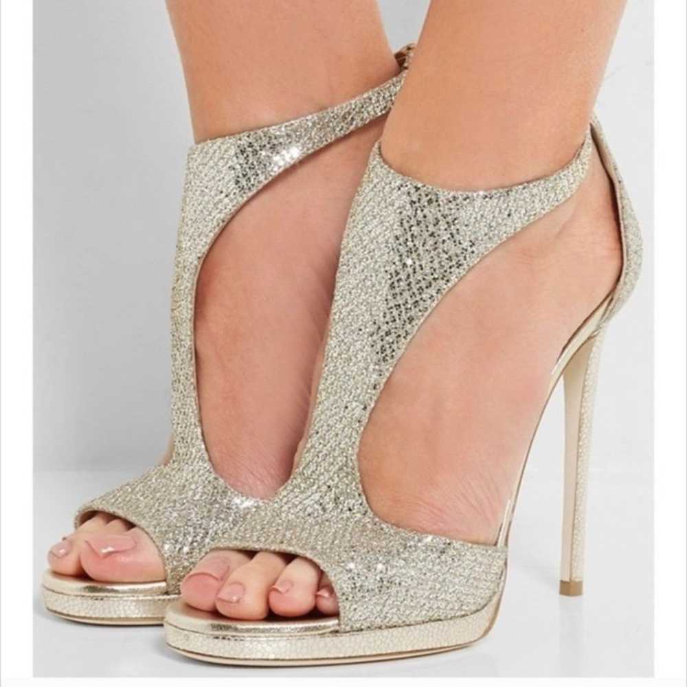Jimmy Choo Lana Silver Gold Glitter T-Strap Heels… - image 10