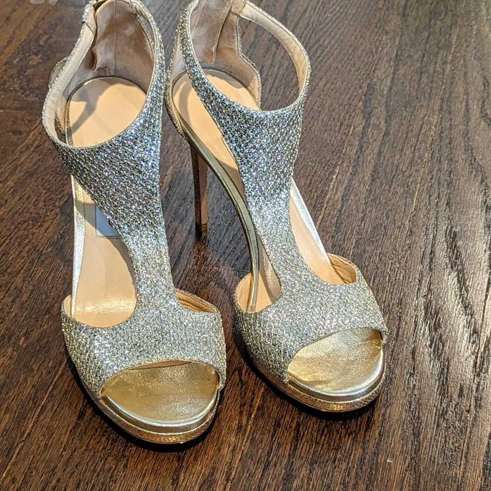 Jimmy Choo Lana Silver Gold Glitter T-Strap Heels… - image 4