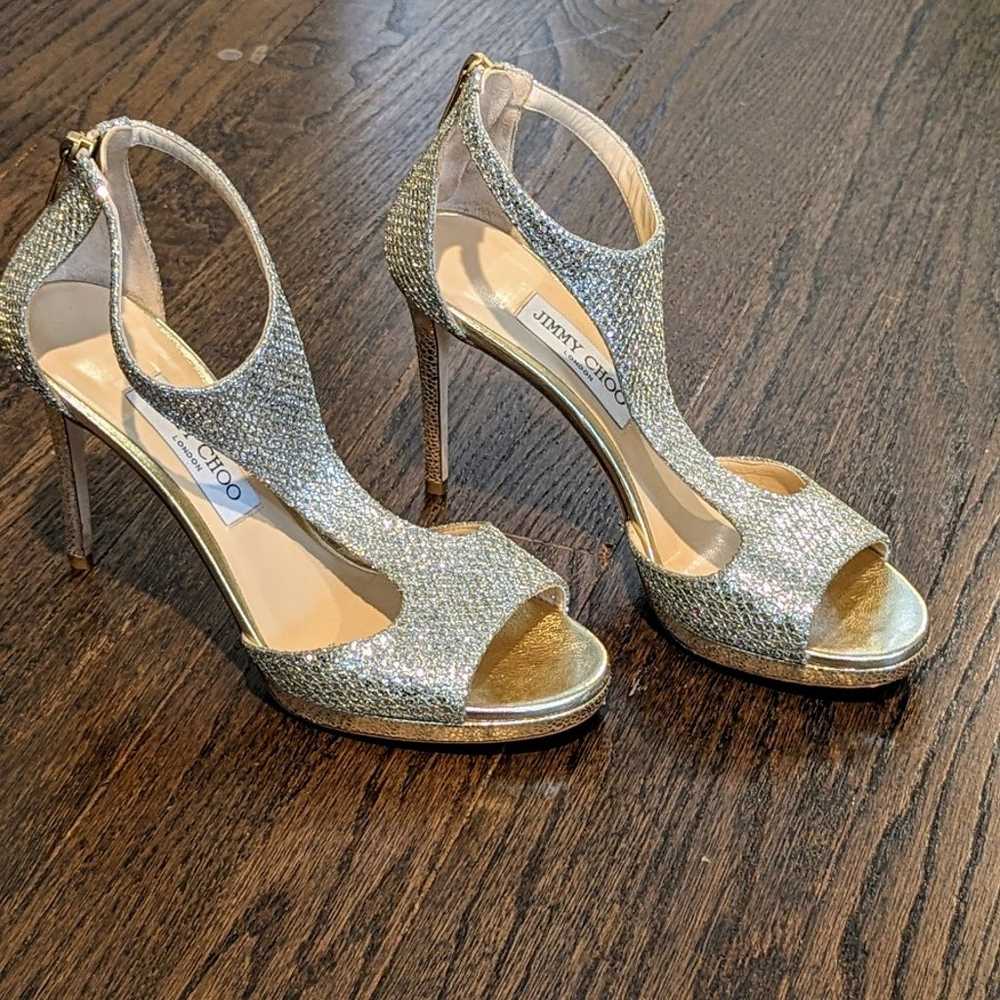 Jimmy Choo Lana Silver Gold Glitter T-Strap Heels… - image 5