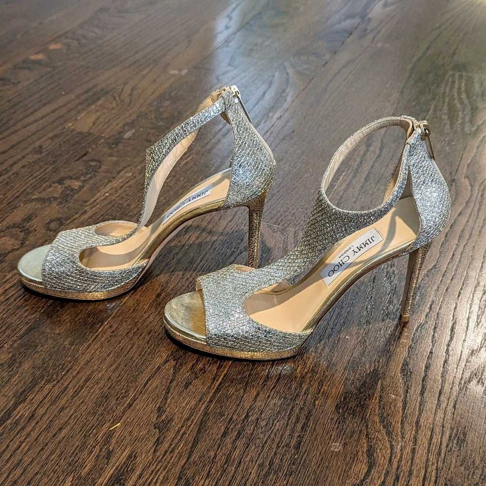 Jimmy Choo Lana Silver Gold Glitter T-Strap Heels… - image 6