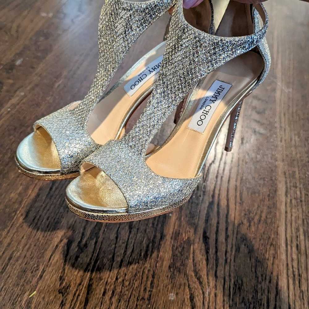 Jimmy Choo Lana Silver Gold Glitter T-Strap Heels… - image 7