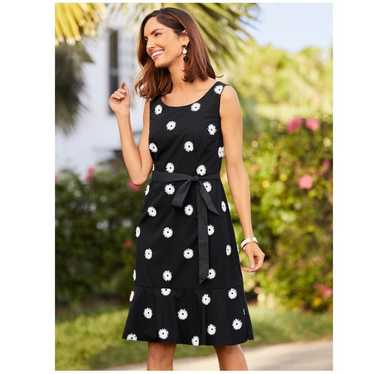Talbots 6P Petite Fit and Flare black white flora… - image 1