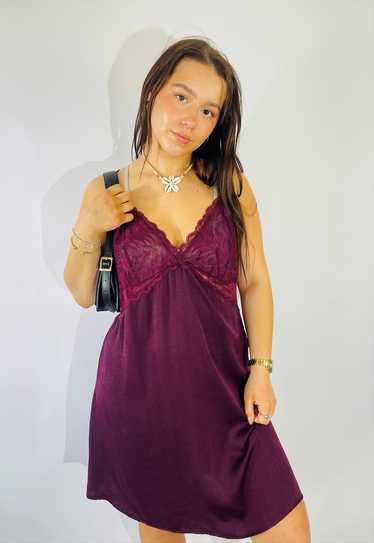 Vintage Size L Satin Lace Mini Slip Dress in Purp… - image 1