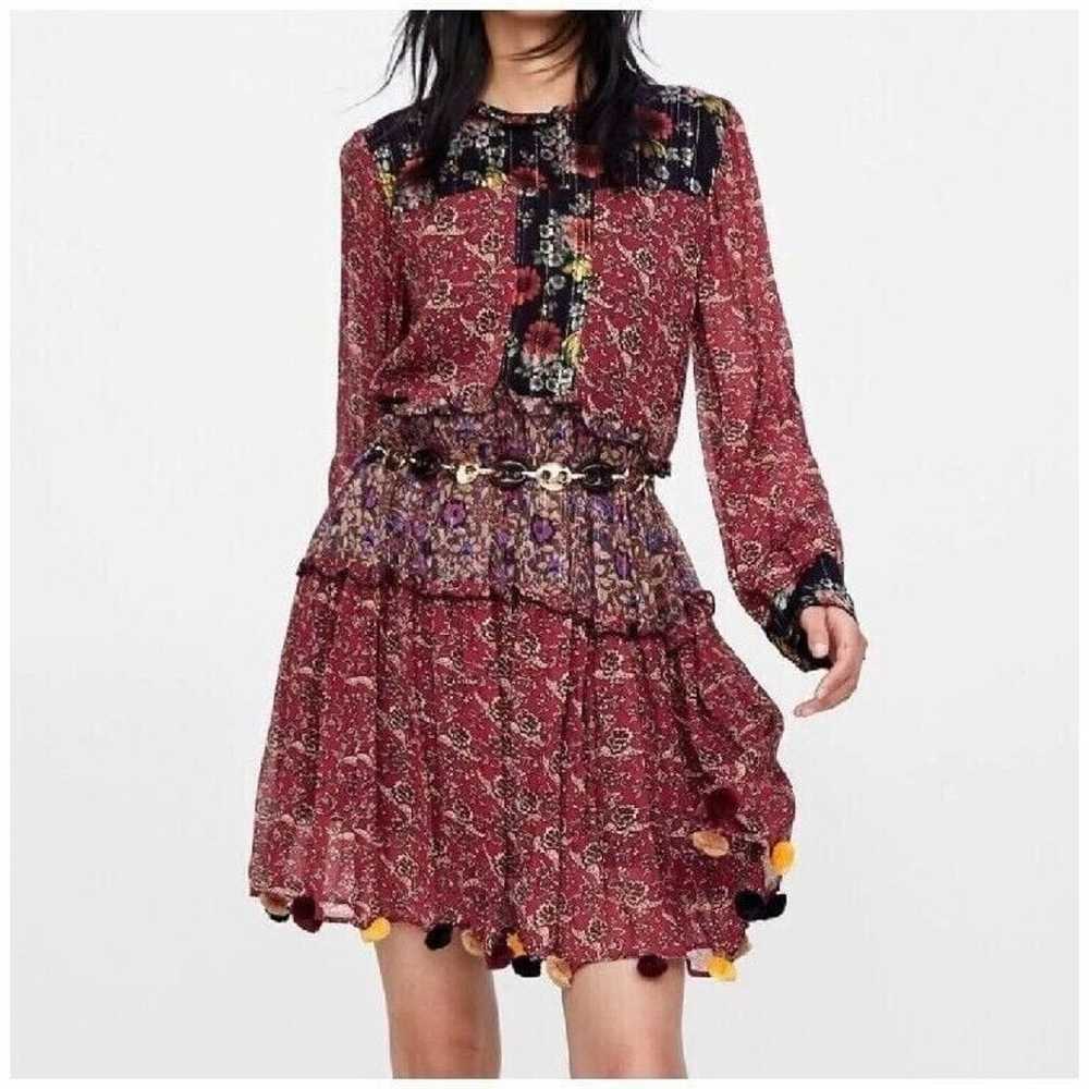 Zara Woman Black Red Floral Patchwork Tiered Pomp… - image 1