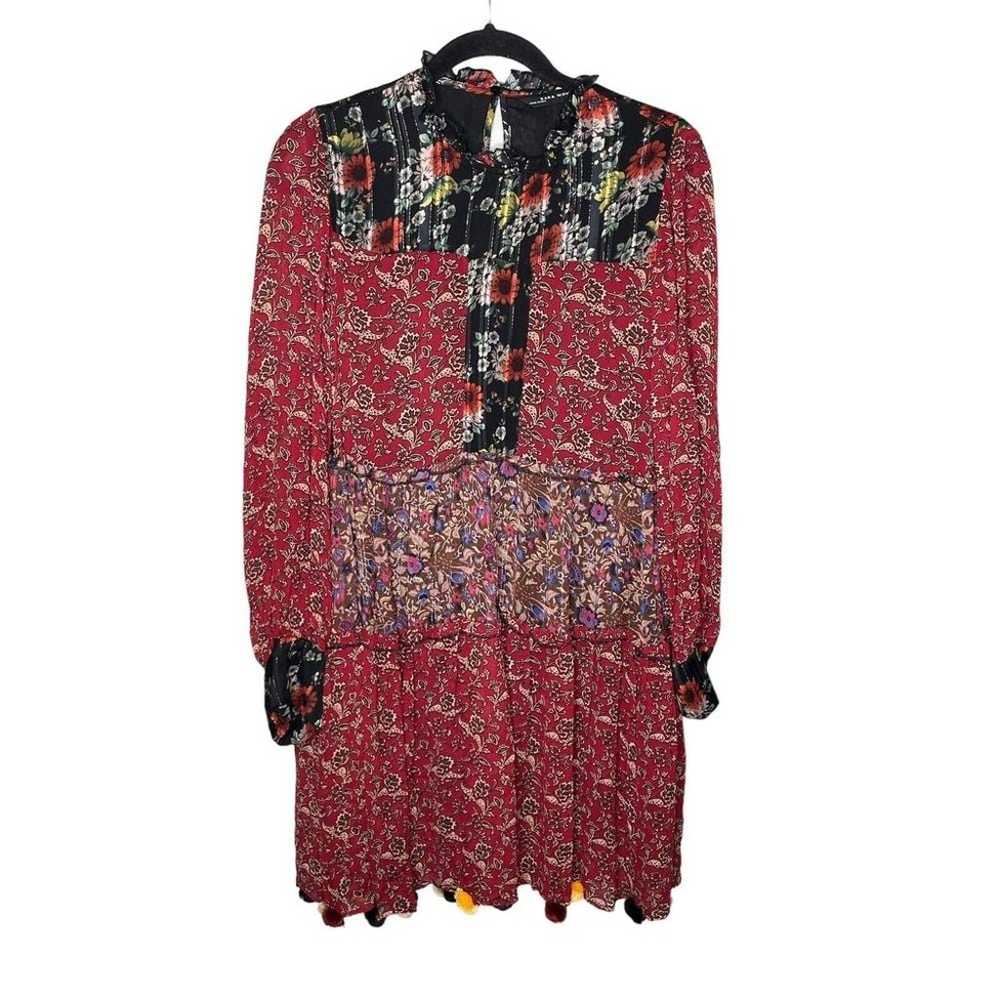 Zara Woman Black Red Floral Patchwork Tiered Pomp… - image 2