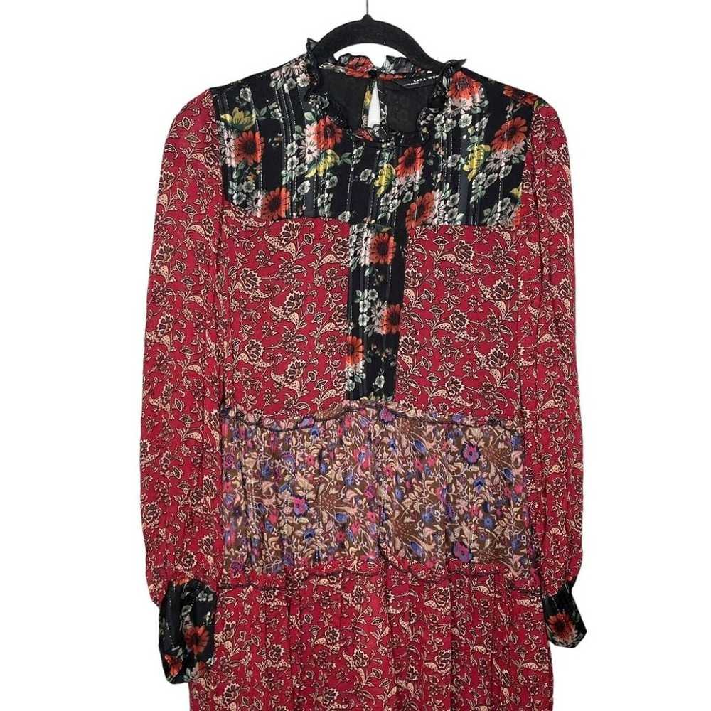 Zara Woman Black Red Floral Patchwork Tiered Pomp… - image 4