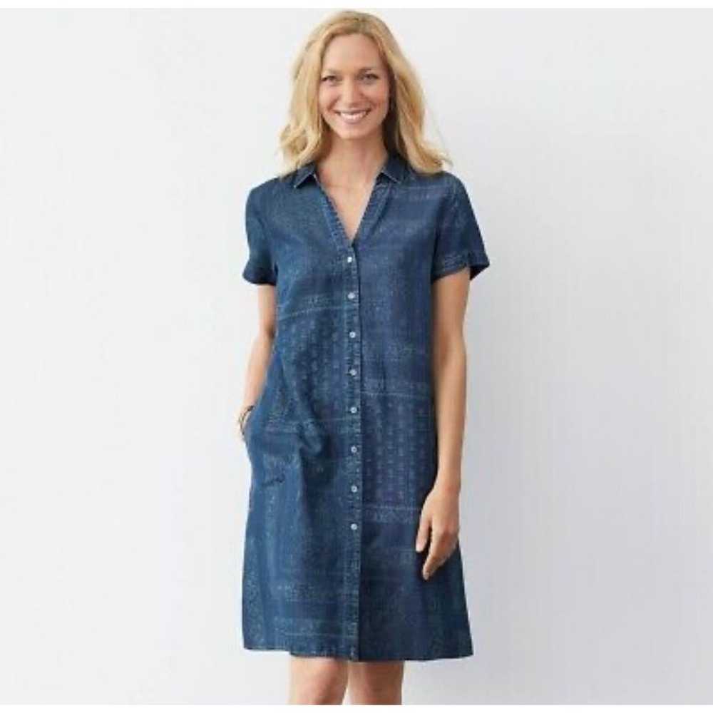J. Jill Denim Short Sleeve Block Print Shirt Dress - image 1