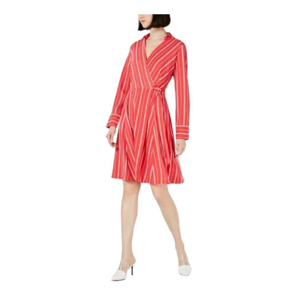 Calvin Klein Red Striped V-Neck Wrap Shirt Dress … - image 1
