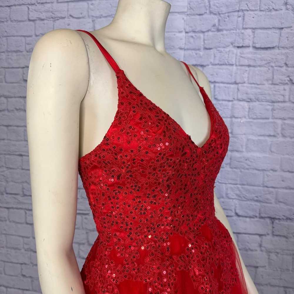 Red V Neck Spaghetti Straps Tulle Beaded Lace Lon… - image 11