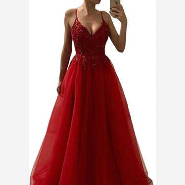 Red V Neck Spaghetti Straps Tulle Beaded Lace Lon… - image 1