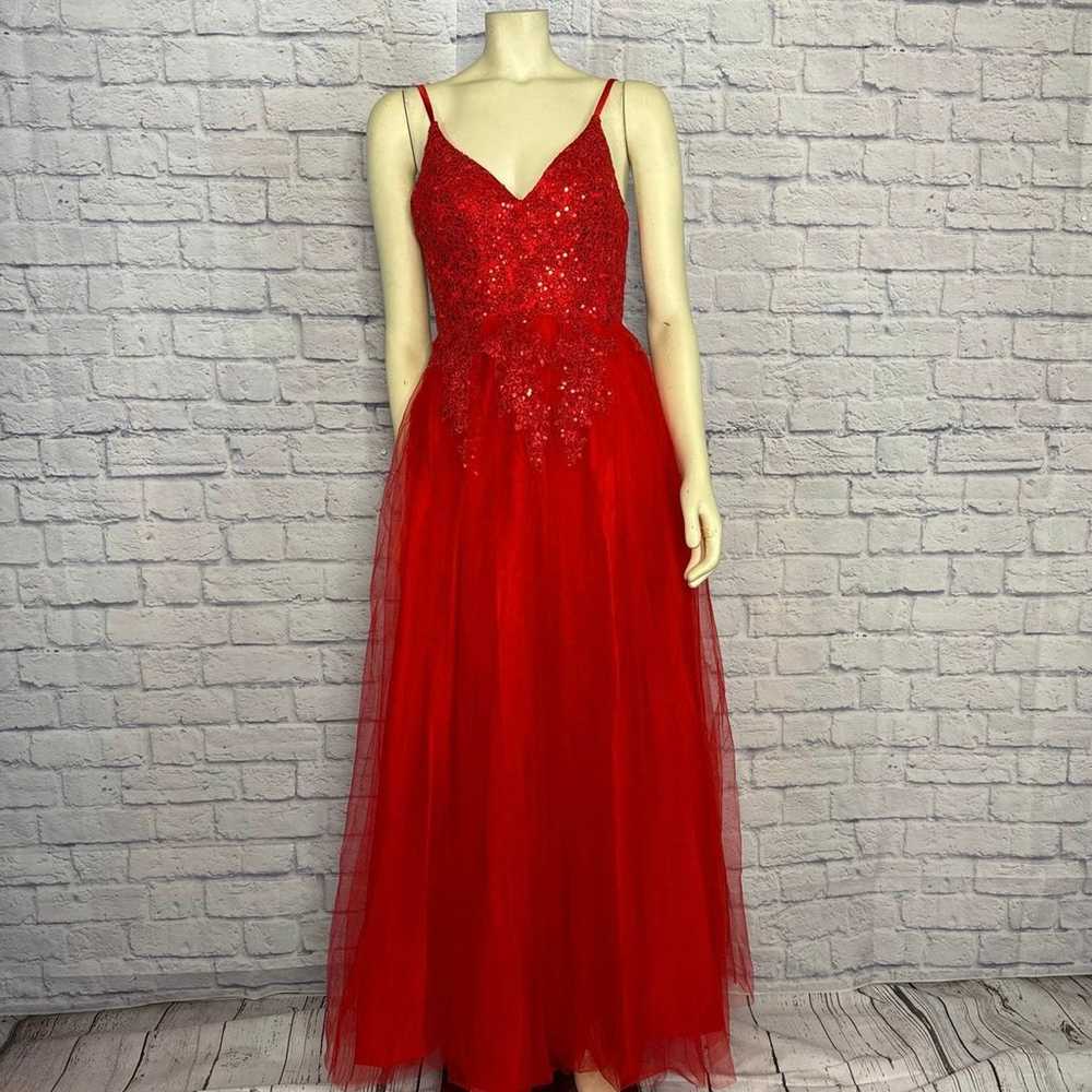 Red V Neck Spaghetti Straps Tulle Beaded Lace Lon… - image 2