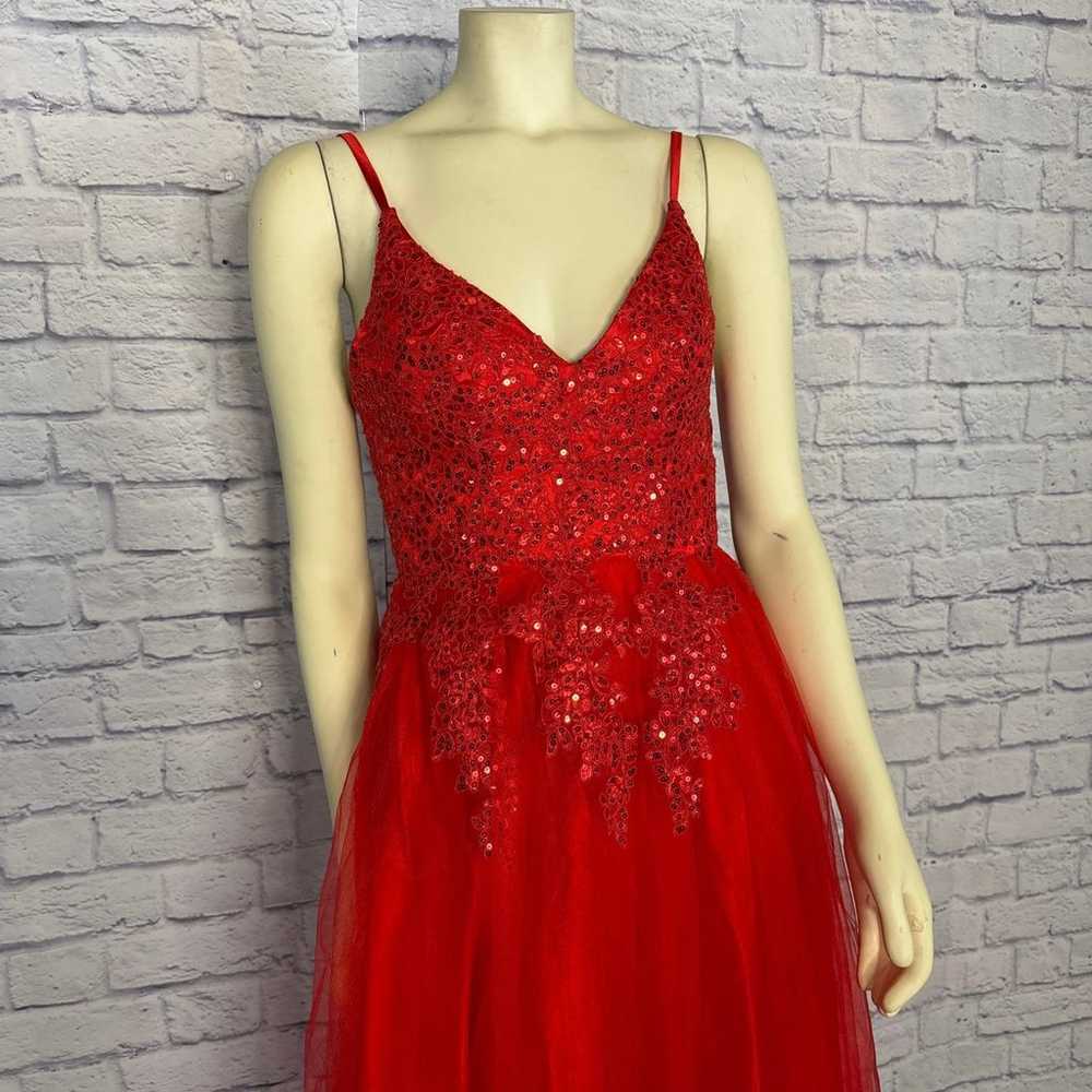 Red V Neck Spaghetti Straps Tulle Beaded Lace Lon… - image 3