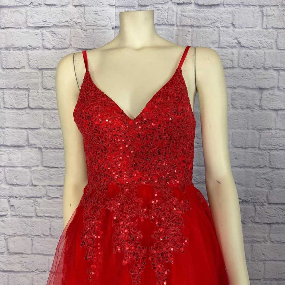 Red V Neck Spaghetti Straps Tulle Beaded Lace Lon… - image 4