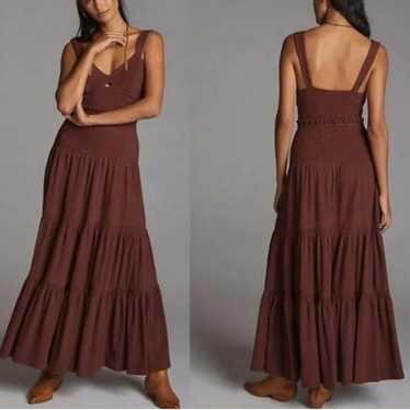 Anthropologie Wine Smocked Ruched Tiered Maxi Dres