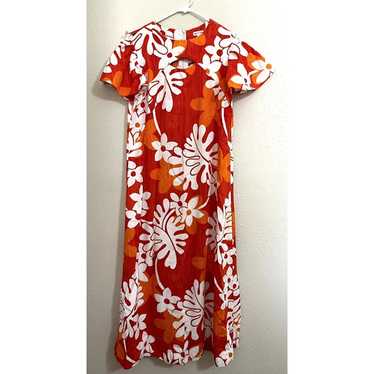Vintage Hawaiian Tiki Aloha Floral Barkcloth Dres… - image 1