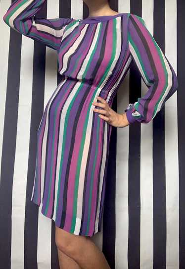 Vintage 80s striped chiffon dress, purple green, … - image 1