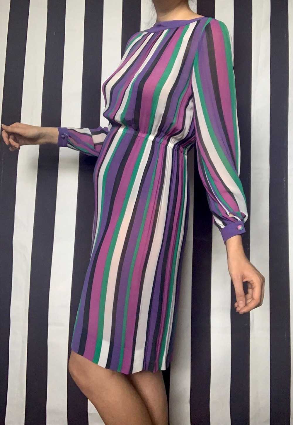 Vintage 80s striped chiffon dress, purple green, … - image 2