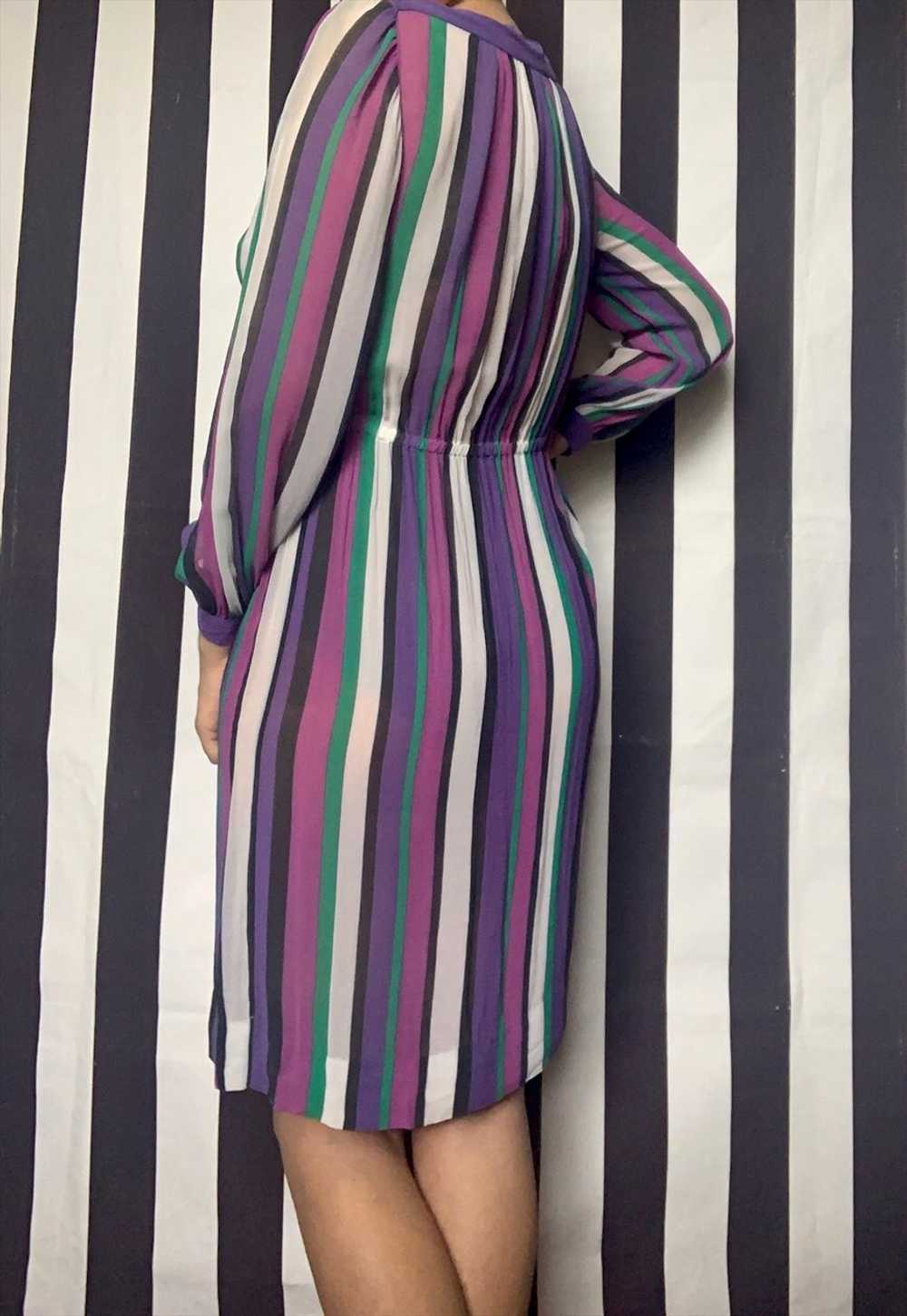 Vintage 80s striped chiffon dress, purple green, … - image 3