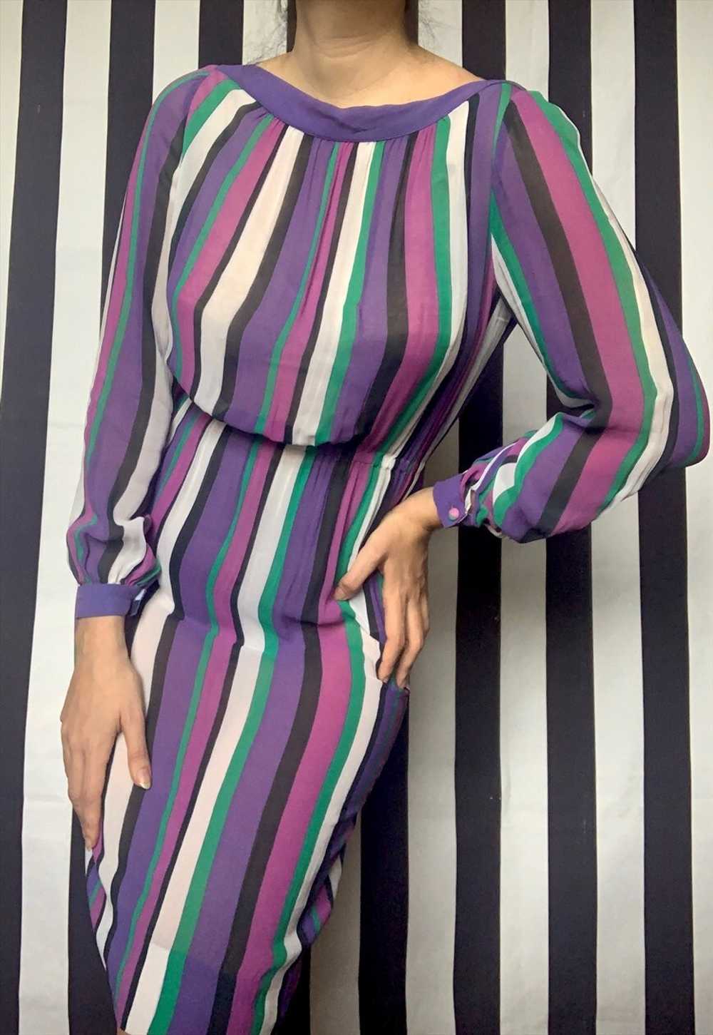 Vintage 80s striped chiffon dress, purple green, … - image 4