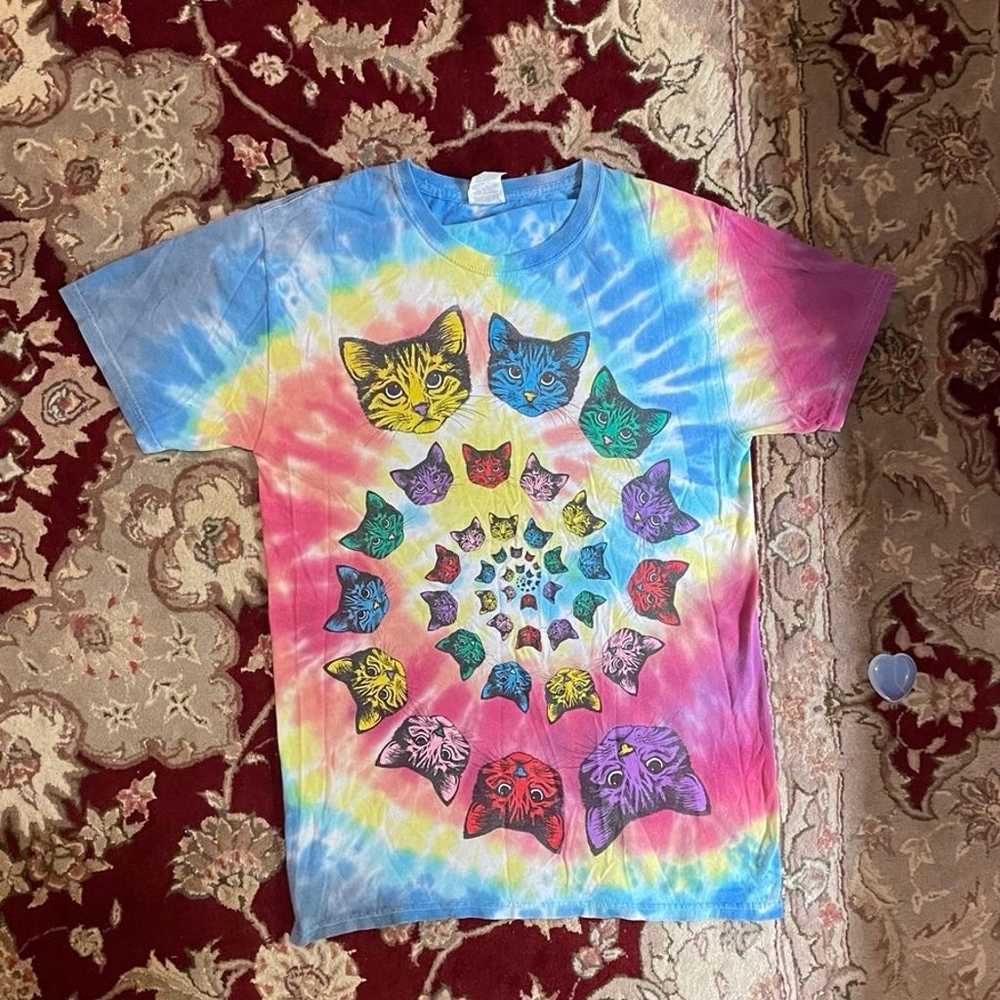 Tie Dye Psychedelic Rainbow Cat Print T-Shirt - image 1
