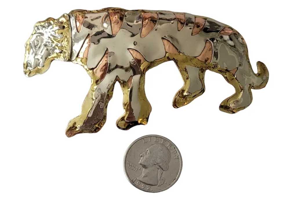 Brutalist Tiger Brass Copper Brooch Pendant E646 - image 10