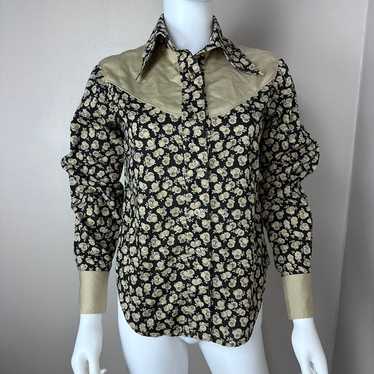 Vintage 1970s Tan and Black Floral Western Shirt,… - image 1