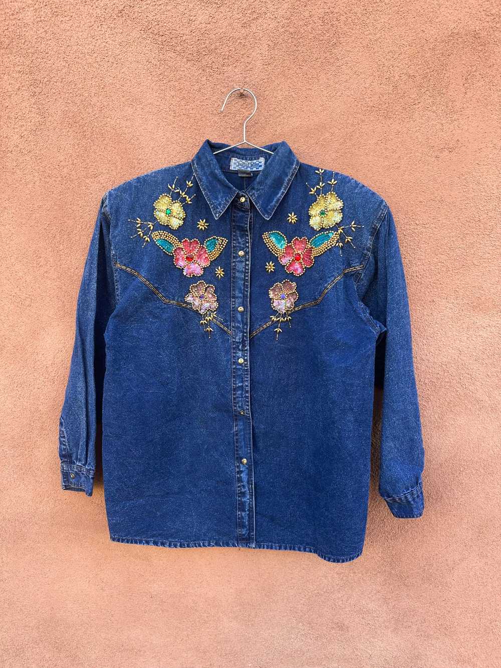 Blue Denim Blouse with Sequins/Beaded Flowers - image 1