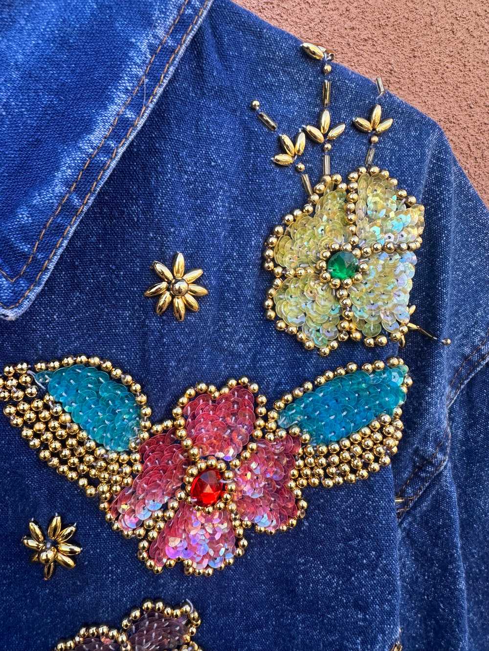 Blue Denim Blouse with Sequins/Beaded Flowers - image 2