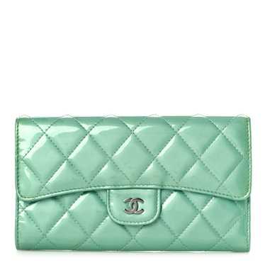 CHANEL Patent Quilted Long Flap Wallet Green