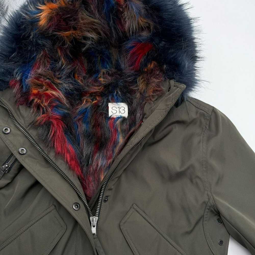 S13 New York MEDIUM Green Parka Faux Rainbow Fur … - image 1