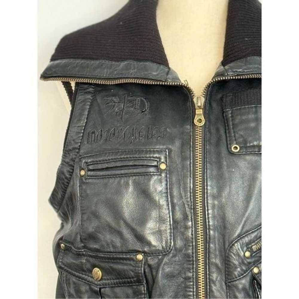 Black leather Harley Davidson bomber jacket vest … - image 2